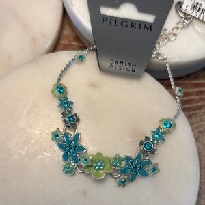 (#18) Pilgrim Silver Necklace with Blue and Green Floral Accents